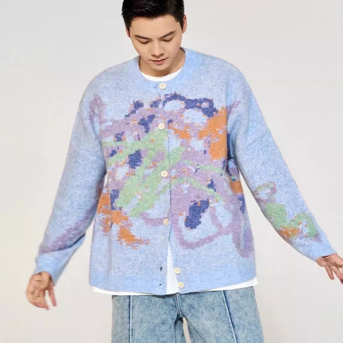 陈伟霆同款蜡笔风提花涂鸦设计秋冬毛衣开衫男女同款外套针织毛衫