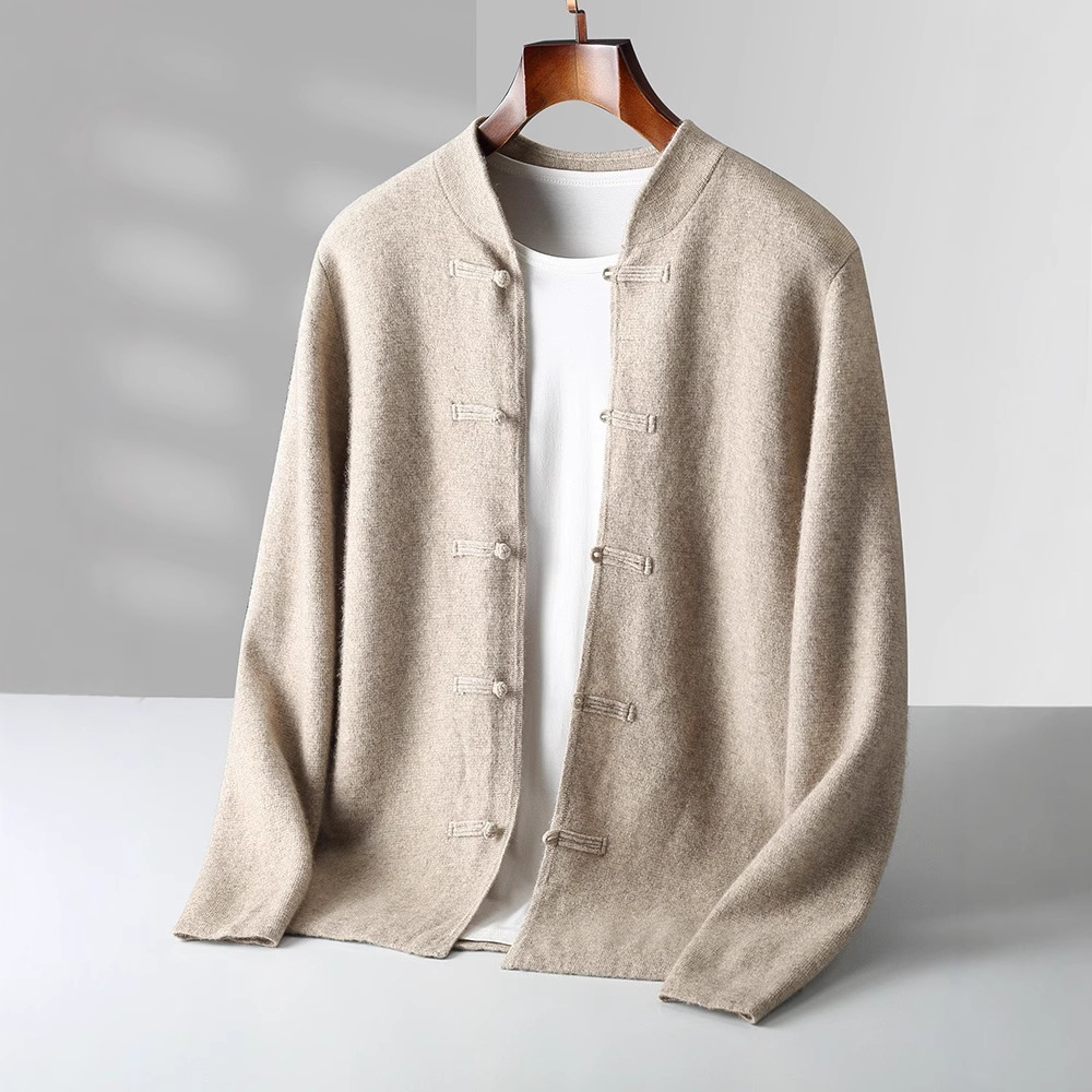 秋冬款批发中老年中式立领加厚纽扣保暖加厚羊毛外套针织毛衣