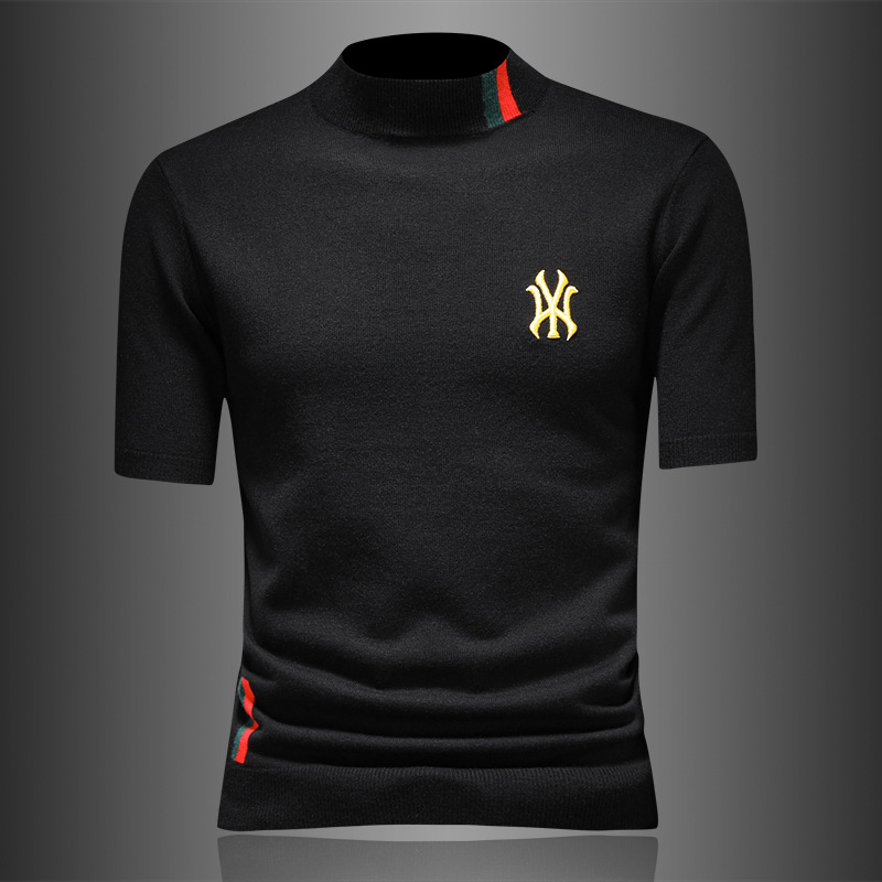 25新品秋冬男士羊毛衫半高领半袖刺绣厚毛衣针织衫打底衫9607p125