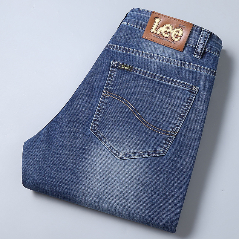 李Le外贸单高端蓝色轻商务牛仔裤男弹力直筒夏薄款洗水棉舒适长裤