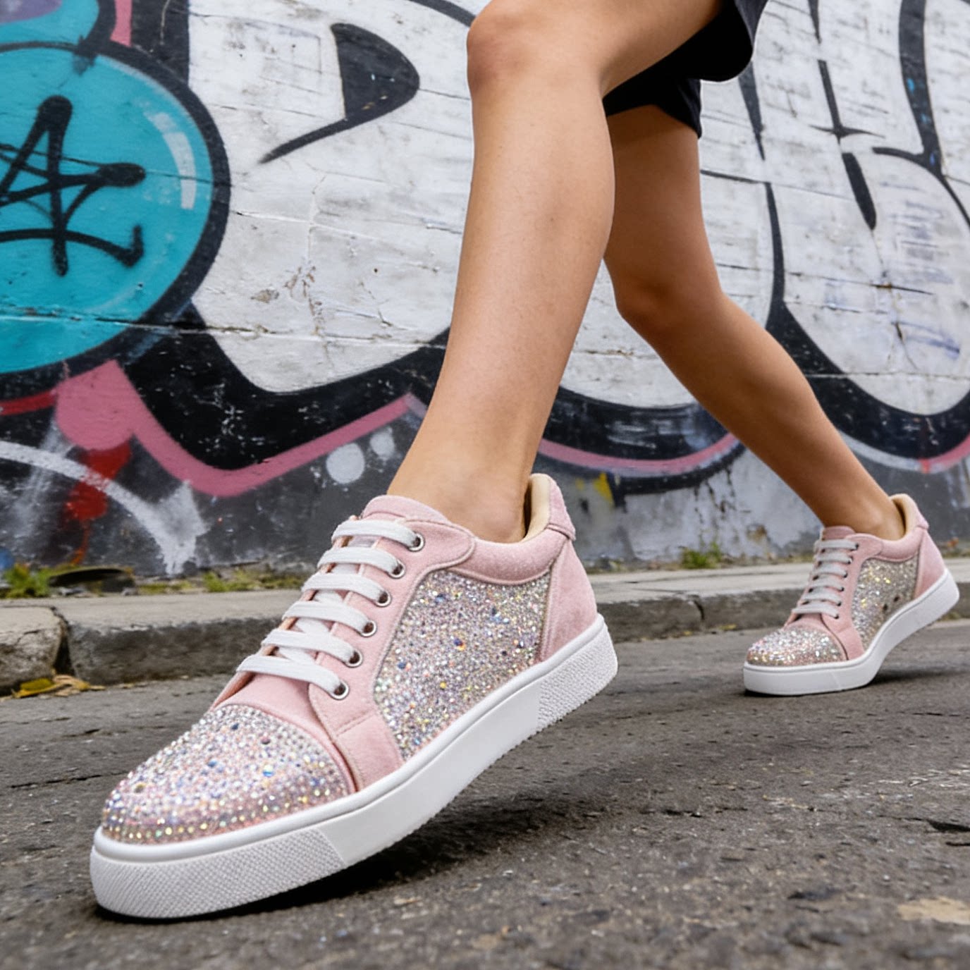 夜店鞋潮流款板鞋铆钉烫钻亮片系带低帮情侣鞋时尚百搭款潮鞋水钻