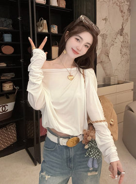 CC大彤彤 莱赛尔一字肩褶皱长袖上衣2026女夏收腰短款时尚轻薄T恤