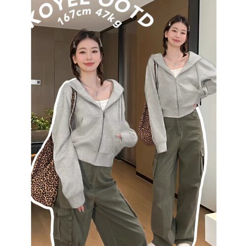 灰色短款连帽卫衣拉链初秋外套女春秋修身小个子韩系开衫上衣早春