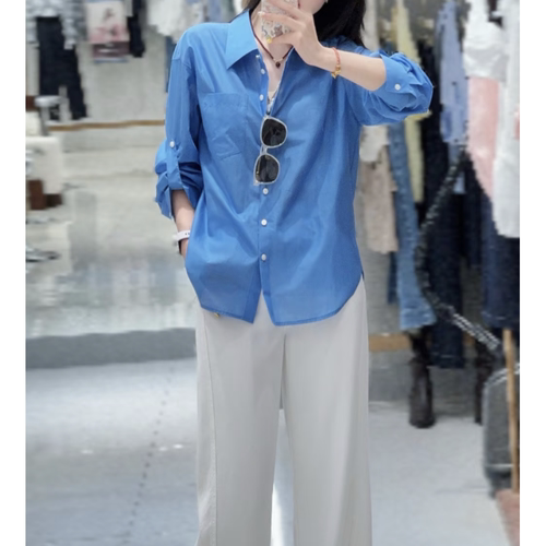 现货2026早秋新时尚百搭翻领宝蓝色薄款长袖衬衫上衣女3H7121271