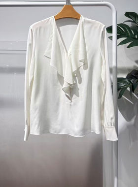 MM麦麦2026春季新款女士韩系气质桑蚕丝V领荷叶边长袖衬衫上衣女
