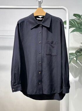 MM麦麦2026春季新款休闲风莱赛尔亚麻长袖衬衫女翻领藏青色衬衫