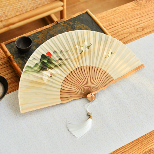 折扇中国风女式 折叠竹制 汉服旗袍舞蹈拍照随身复古风走秀飞鹤古装