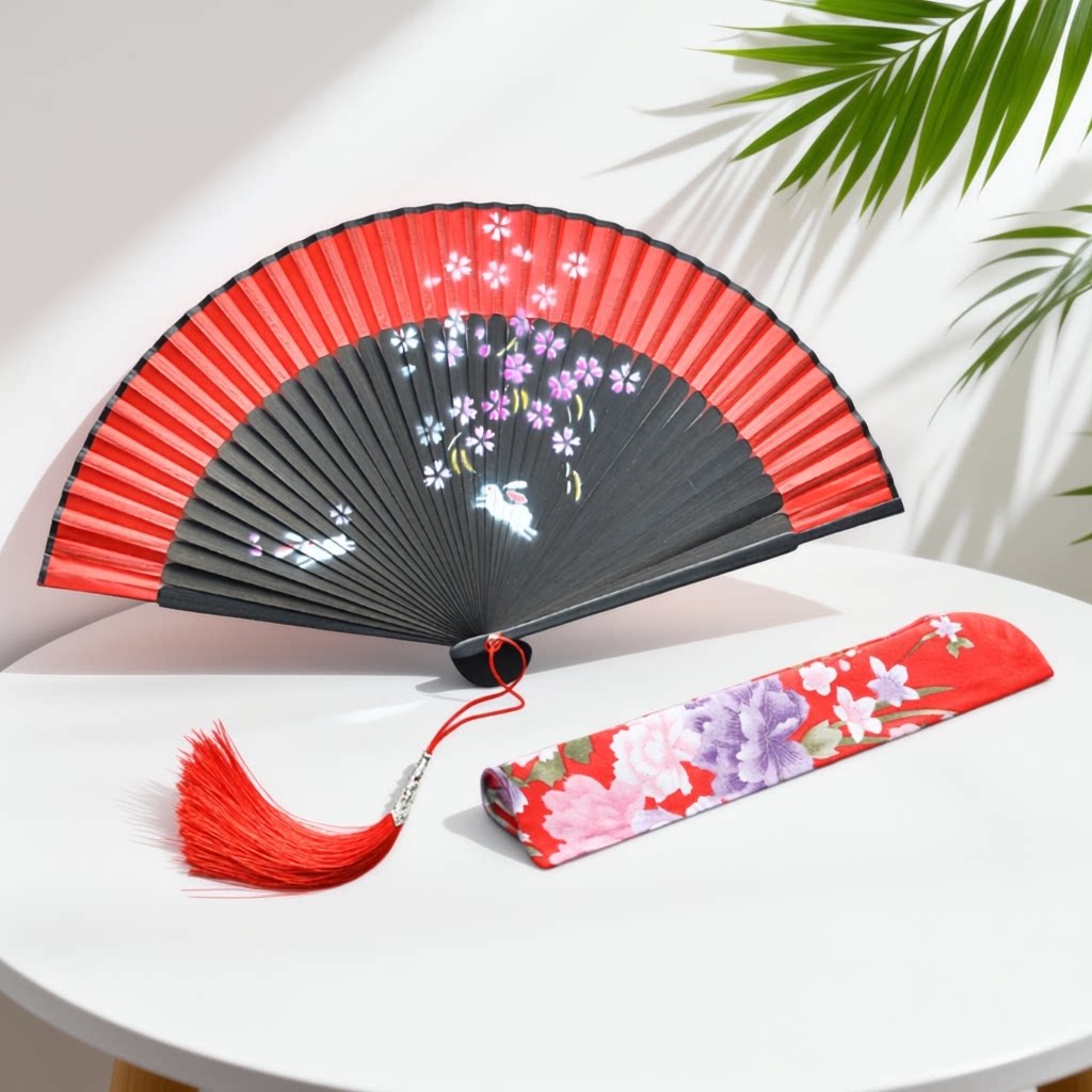 中国风古风红色舞蹈折扇日式扇子复古随身道具走秀汉服旗袍送扇套