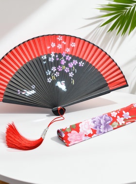 中国风古风红色舞蹈折扇日式扇子复古随身道具走秀汉服旗袍送扇套