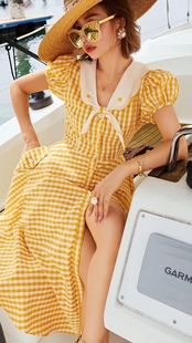 显瘦长裙棉 浪漫情怀气质甜美修身 猫咪春夏格子新品 连衣裙法式