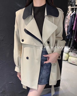 中款风衣外套女高级感秋季新款韩版小个子短款拼皮撞色大衣