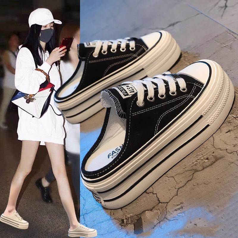 明星懒人帆布包头半拖鞋女2024夏季松糕厚底百搭一脚蹬外穿凉拖鞋