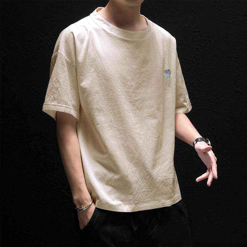 亚麻短袖t恤男潮牌夏季港风潮流百搭宽松半袖体恤男士打底衫上衣