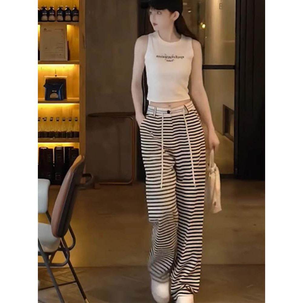 条纹阔腿裤女夏季薄款2025新款高腰垂感宽松休闲窄版直筒拖地裤子