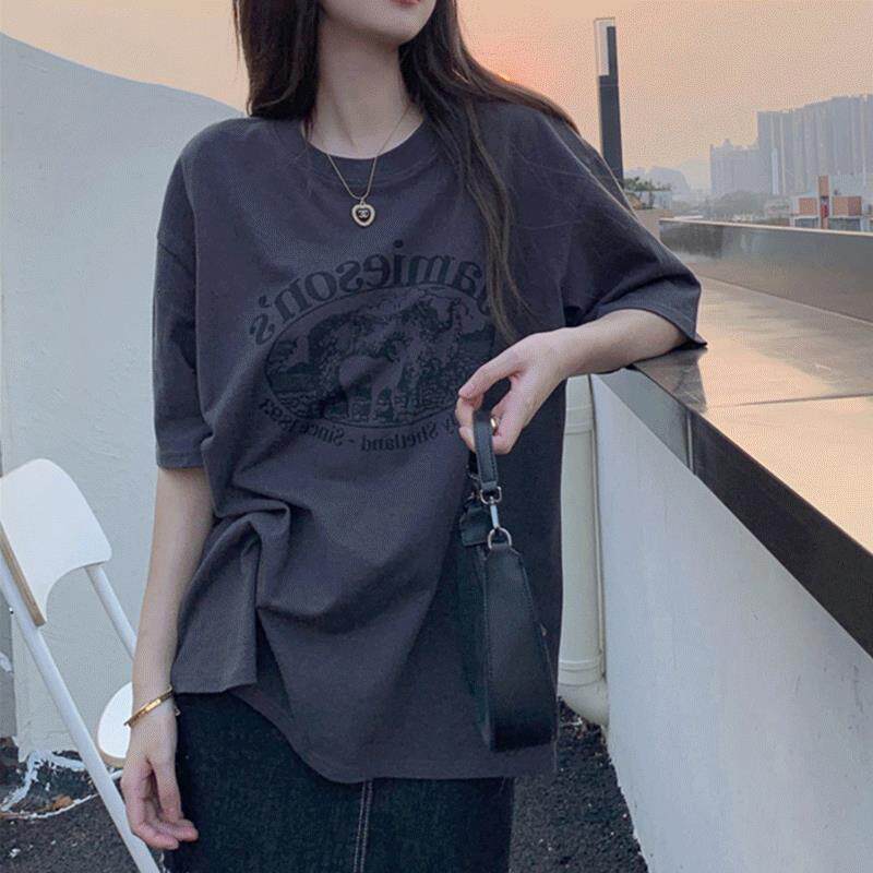 烟灰色t恤女短袖夏季高级感美式复古欧货大版宽松半袖体恤中长款
