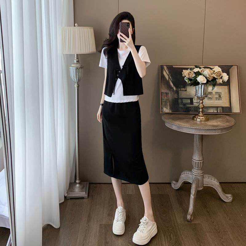 减龄遮肉时尚休闲马甲T恤半身裙子新中式国风三件套装裙女夏洋气
