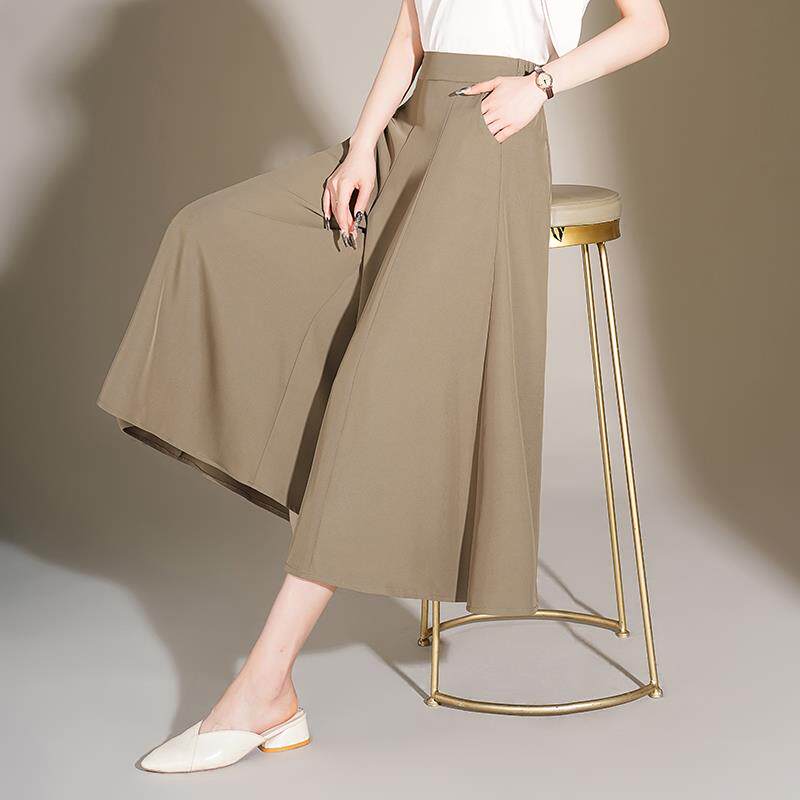 卡其色阔腿裤女新款2025夏季韩版高腰宽松休闲裤冰丝垂感九分裙裤