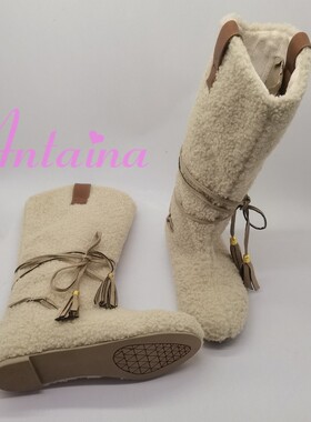 antaina外贸单毛绒靴女冬季加绒保暖中高筒平底防滑棉鞋女靴2362