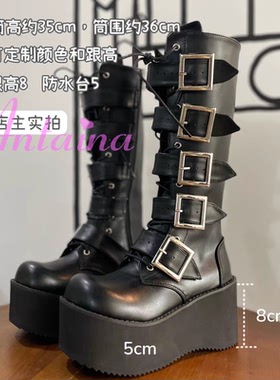 松糕厚底靴大码女靴可定制黑色磨砂搭扣靴舒适好穿增高靴2404