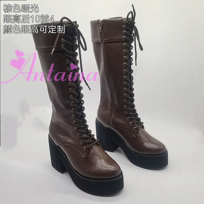 棕色亚光纯色圆尖头女靴系带翻筒