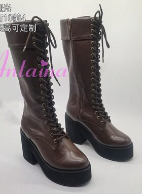 棕色亚光纯色圆尖头女靴系带翻筒