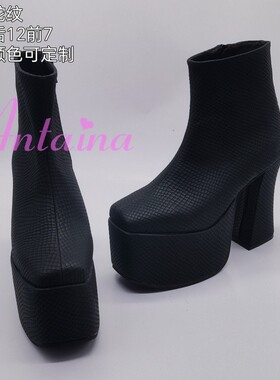 33-46大码女靴高跟鞋女王鞋短靴秋冬款方头秀气蛇纹皮舒适7801