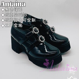 松糕厚底鞋大码女鞋情侣鞋日系鞋钻扣可定制漆皮搭扣胖脚2428