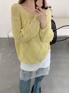 2026早春新款圆领长袖镂空针织衫女款亚麻宽松显瘦亮片上衣打底衫