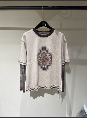 欧洲站YMQY2025早秋新款两件拼接印花宽松休闲圆领短袖T恤女上衣