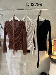 欧洲站YMQY2025秋冬新款烟灰色长袖飘带一字肩丝绒显瘦小衫上衣女