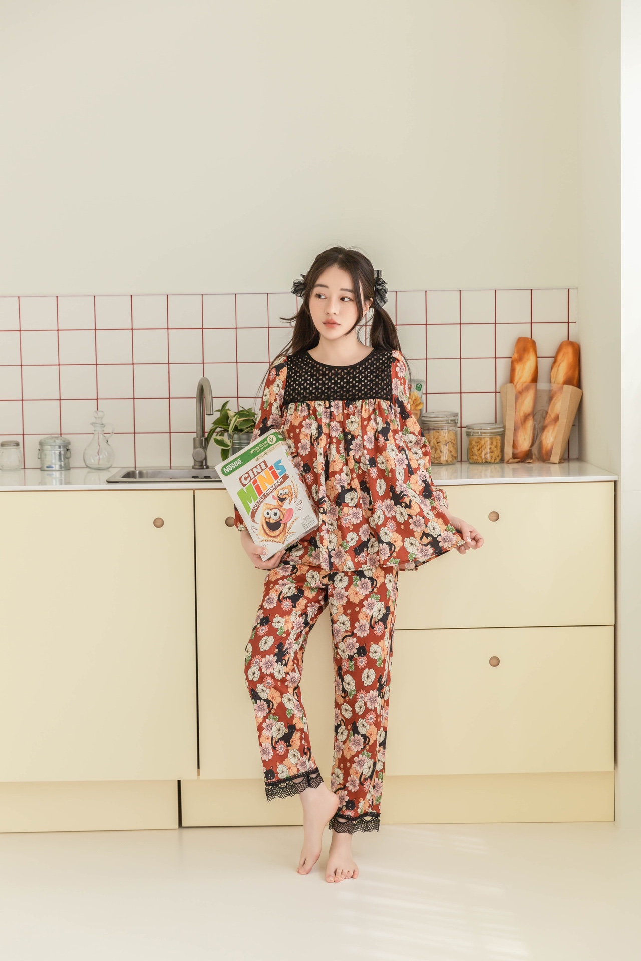 韩国YQ棉布拼接蕾丝睡衣（单品处理不退不换）