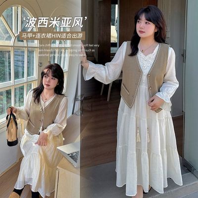 胖mm波西米亚风马甲连衣裙套装