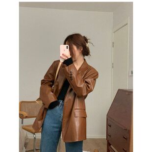 韩版 新款 宽松显瘦复古港味上衣黑色 皮衣外套女2025春秋季 棕色西装