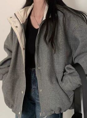 灰色感上衣女chic冬季2024新款法式复古翻领宽松毛呢外套大衣