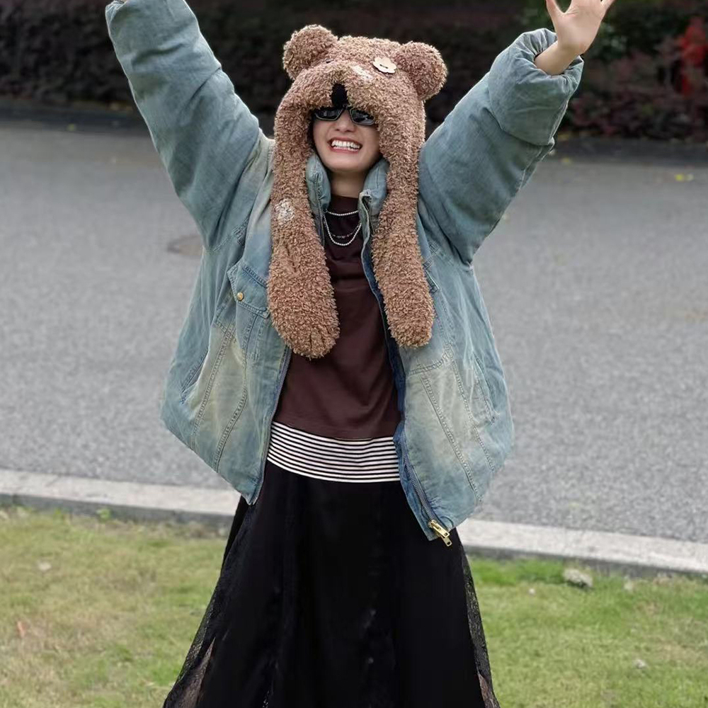 亲妈~设计师款复古玩偶小熊牛仔白鸭绒夹克羽绒服外套