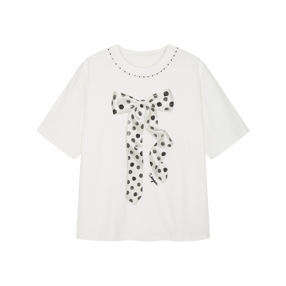 亲妈~2026夏新设计师款珠片绣花波点蝴蝶结T恤
