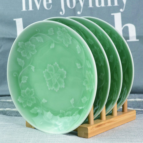 龙泉青瓷盘子家用陶瓷浮雕汤盘