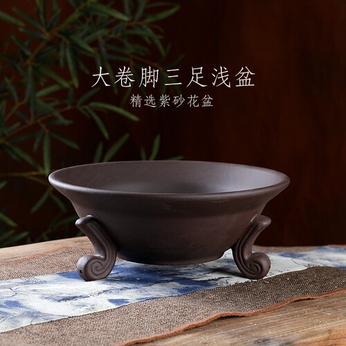 自在屋精选紫砂大号花盆卷脚三足三色透气宜兴紫砂正品盆景盆