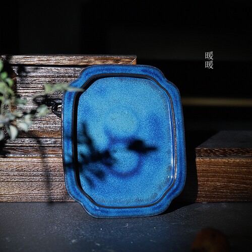 精品陶瓷水底花盆微型盘蓝色附石