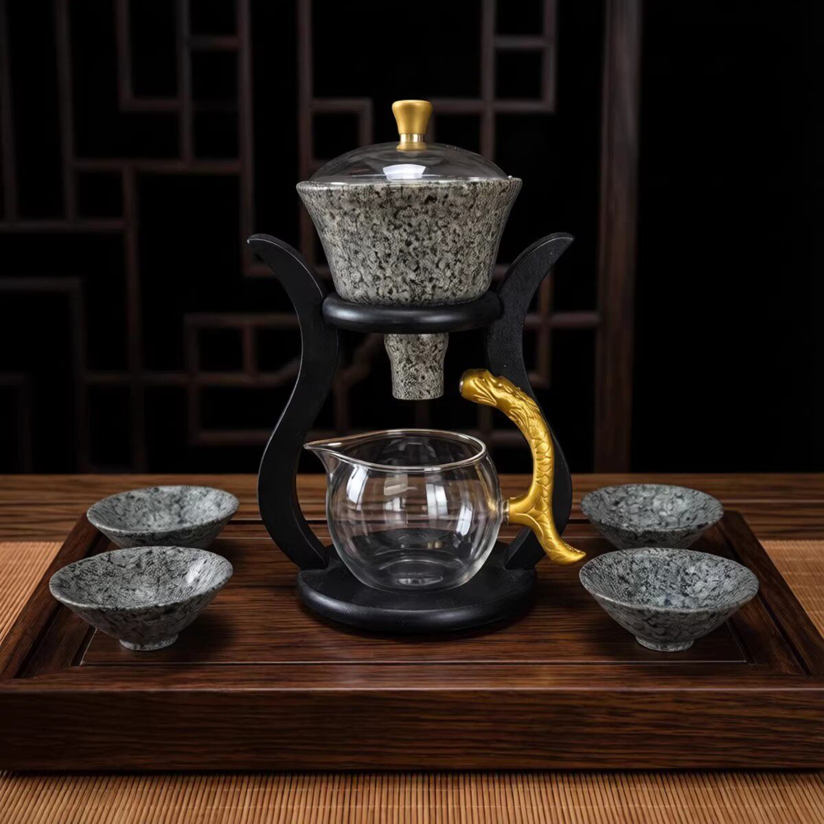 麦饭石玻璃功夫茶具套装家用石材茶盘一盖碗四杯自动泡茶壶懒人