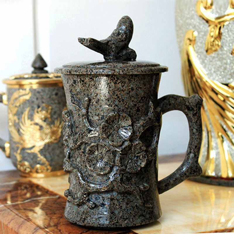 内蒙奈曼中华麦饭石杯子养生水杯茶具茶杯子净水大容量马克杯带盖