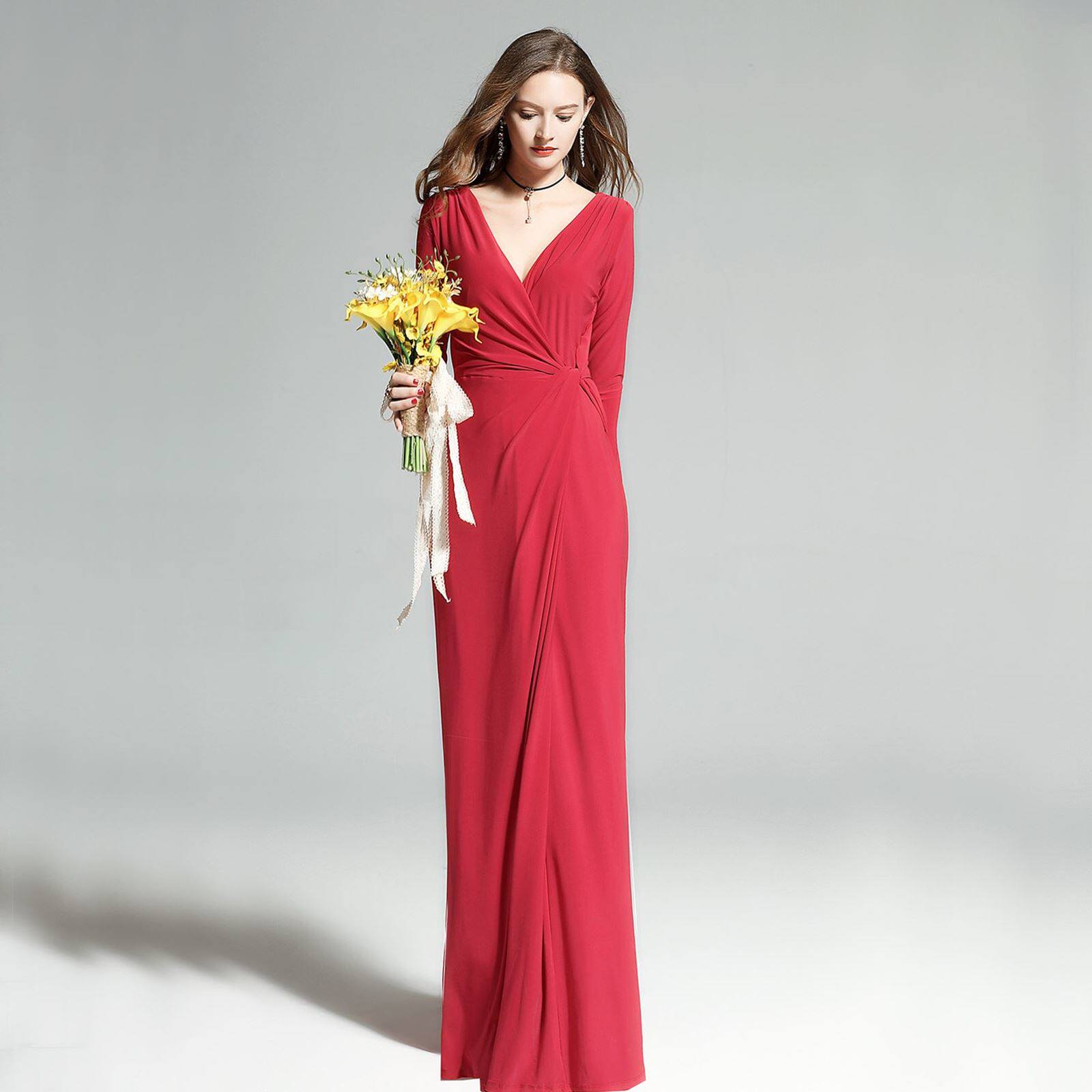 9春新款欧美外贸坠地礼服长裙v领修身裙红色长袖连衣裙女神范红裙