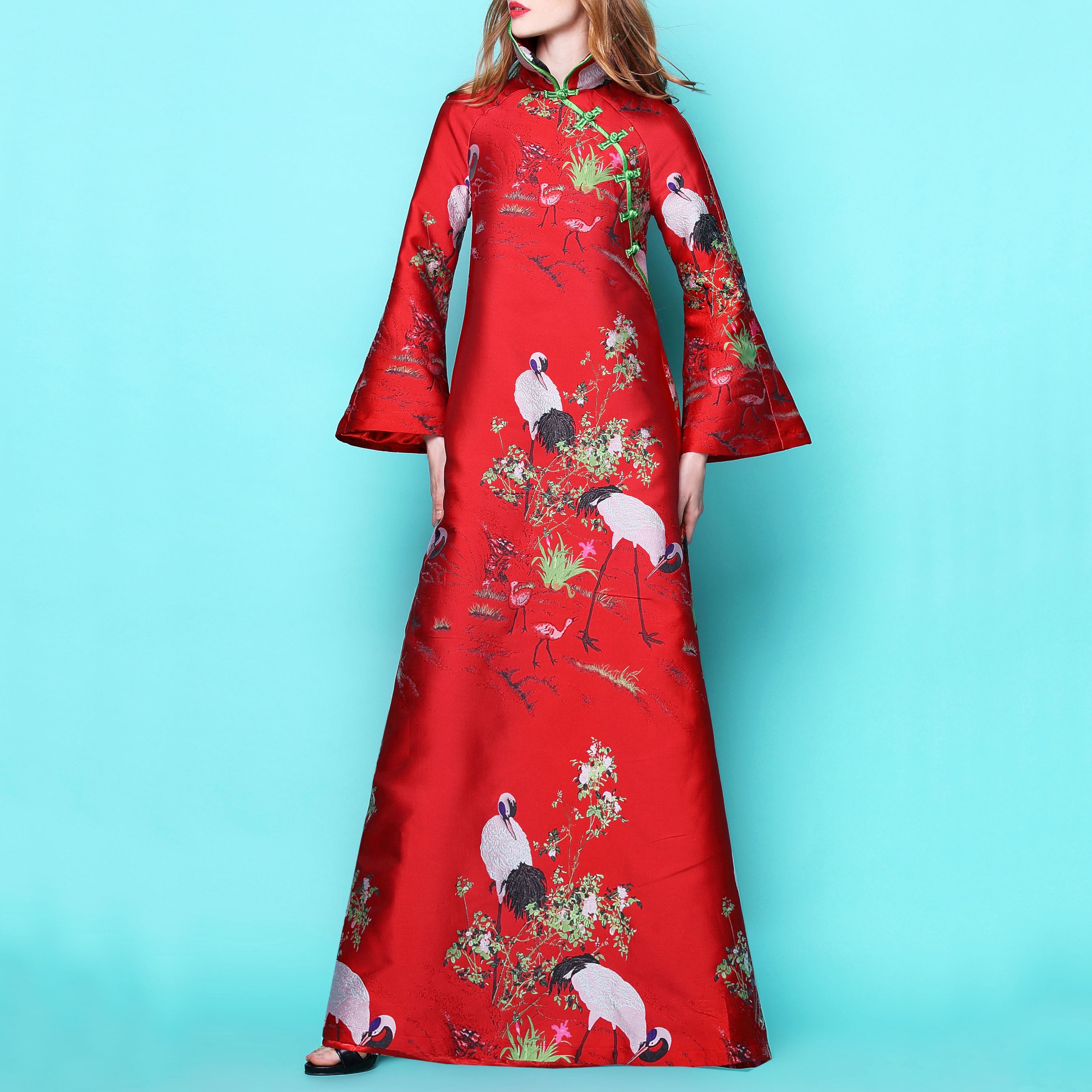 中国风复古盘扣长袖宽松连衣裙