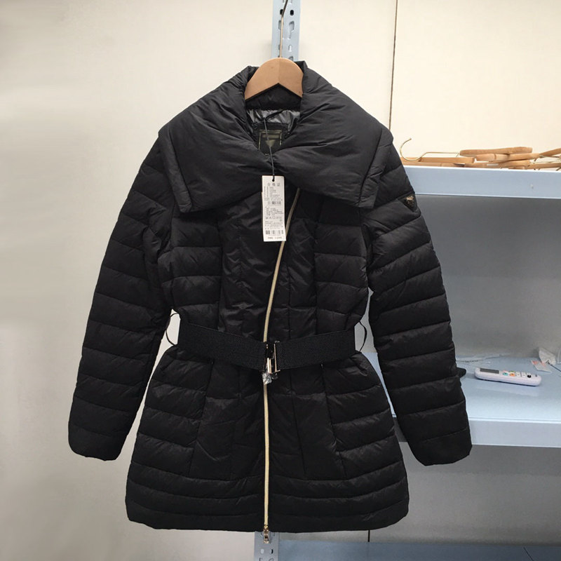 轻奢2000+G系列外贸女款中长款羽绒服带腰带大翻领保暖修身斜拉链