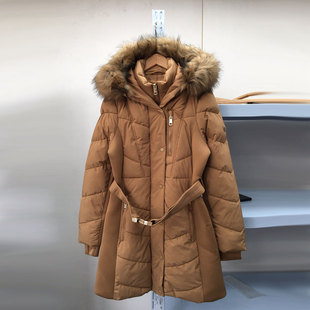 M系列外贸女装棉衣冬季女士中长款连帽带毛领棉服外套保暖加大码