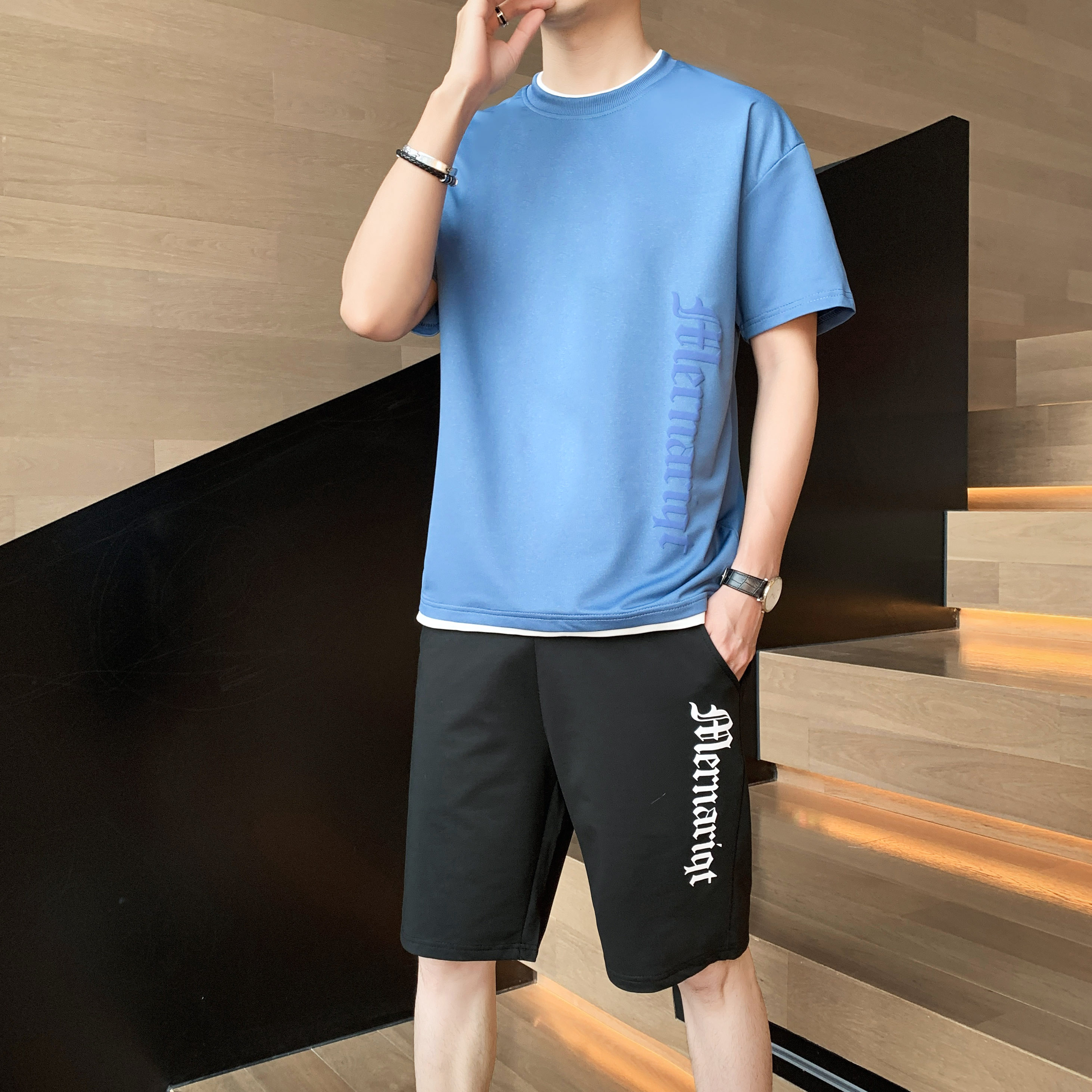 2023新款夏季男士冰丝薄款短袖运动休闲套装青年2107-P25,男装休闲套装,星座1403B