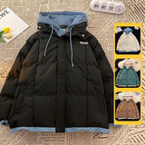 冬季男休闲时尚潮流假两件套连帽加厚保暖棉袄潮流棉服2818-P78，男装棉衣，星座1403B