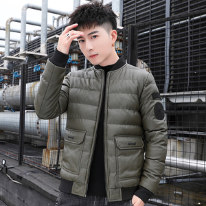 冬季男士棉衣短款外套修身羽绒棉服棒球领加厚PU皮棉衣826-P75图片