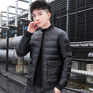 冬季男士棉衣短款外套修身羽绒棉服棒球领加厚PU皮棉衣826-P75图片