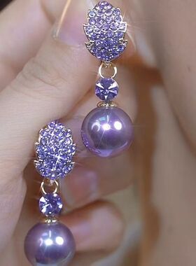 轻奢紫色满钻树叶珍珠耳环女2024新款小众设计高级感耳扣气质耳饰